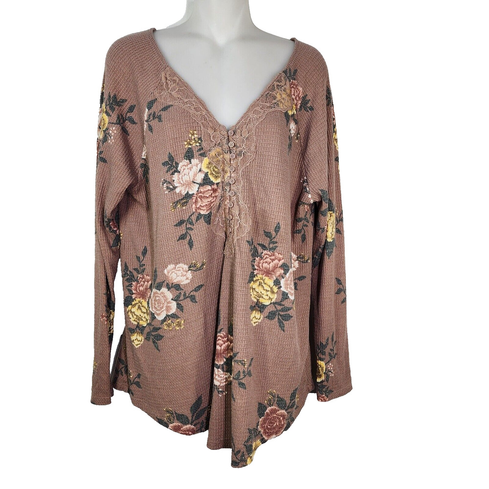 Torrid Womens Tee Size 1X Waffle Knit Lace Trim Henley Long Sleeve Floral Olive